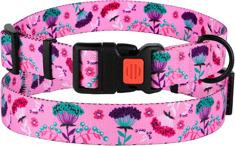 Nylon Dog Collar with Pink Floral Pattern – Adjustable 14-18 Inch
