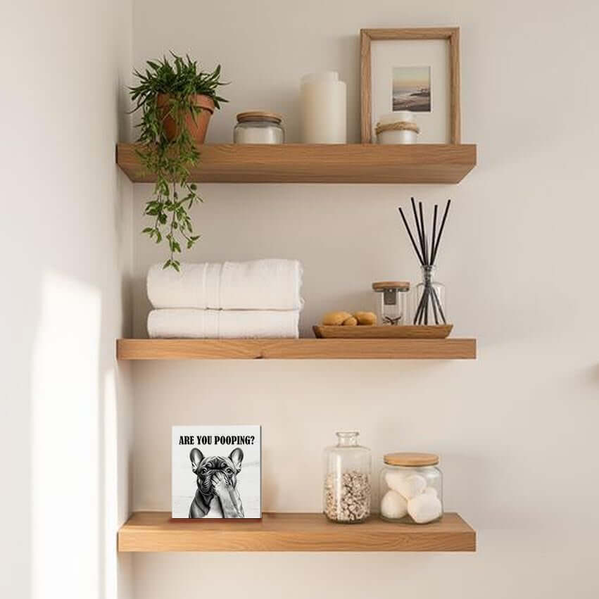 Funny French Bulldog Bathroom Wooden Box Sign, Are You Pooping Sign, Frenchie Gifts Wood Signs for Bathroom Restroom Toilet Half Bath Shelf Counter Decor, 5X5 Inch