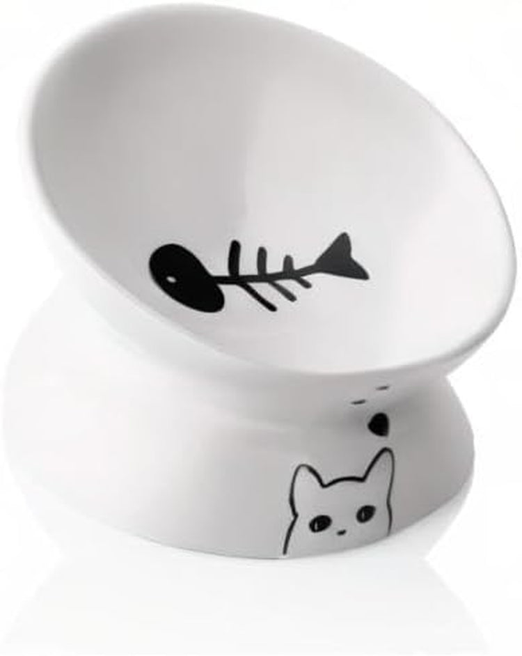 Ceramic Raised Cat Bowls, Slanted Cat Dish Food or Water Bowls, Elevated Porcelain Pet Feeder Bowl Protect Cat&
