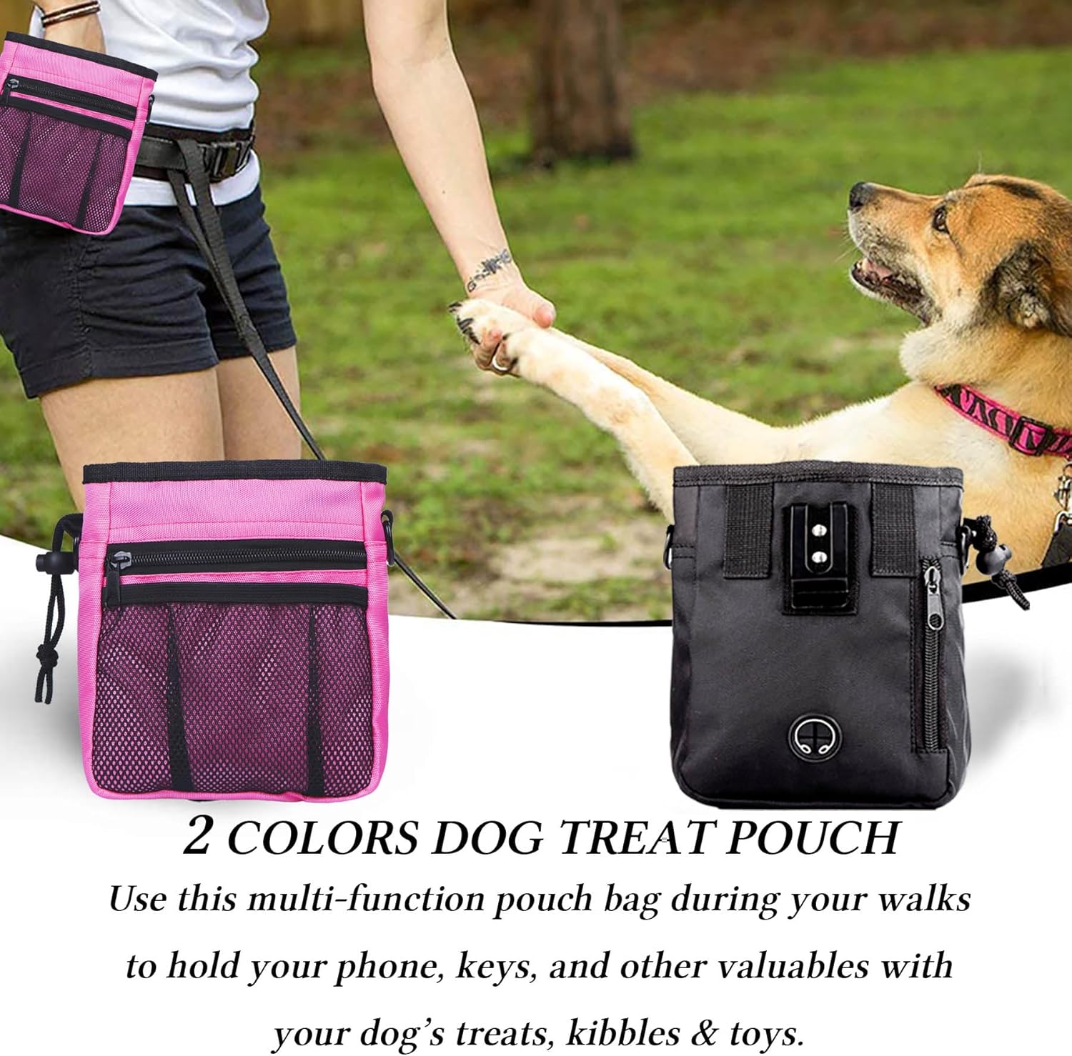 Dog Training Kit – Treat Pouch & Clicker, 3-Way Wear (Black & Pink)