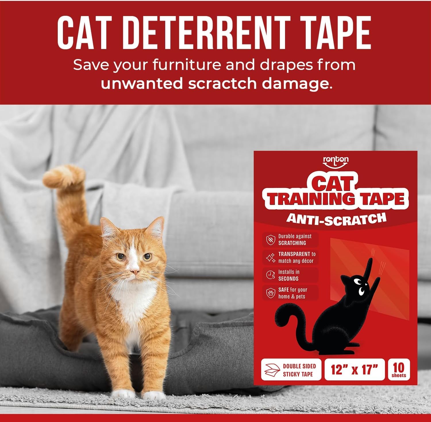 Cat Scratch Furniture Protector – Double Sided - anti Cats Scratching Sticky Tape - No-Residue for Couch, Doors & Walls - 10 Sheets - XL 17" L 12" W Furniture Protectors – Clear Training Tape