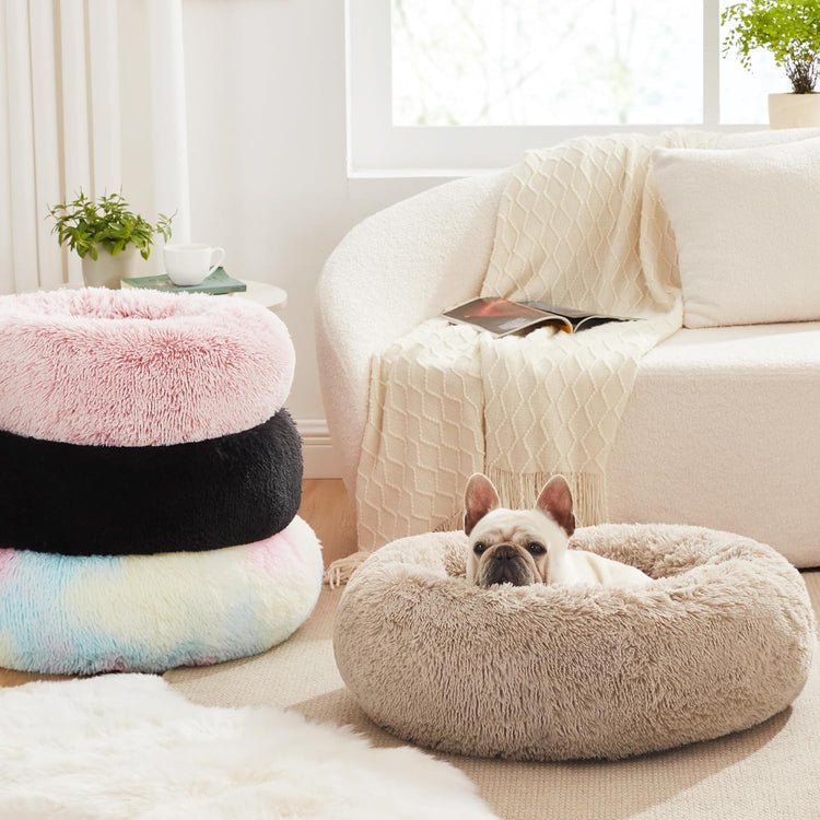 Calming Dog & Cat Bed, Cat Bed for Indoor Cats, Anti-Anxiety Donut round Bed, Fluffy Warming Pet Bed for Small Medium Dogs and Cats, Beige Taupe 20"/24"