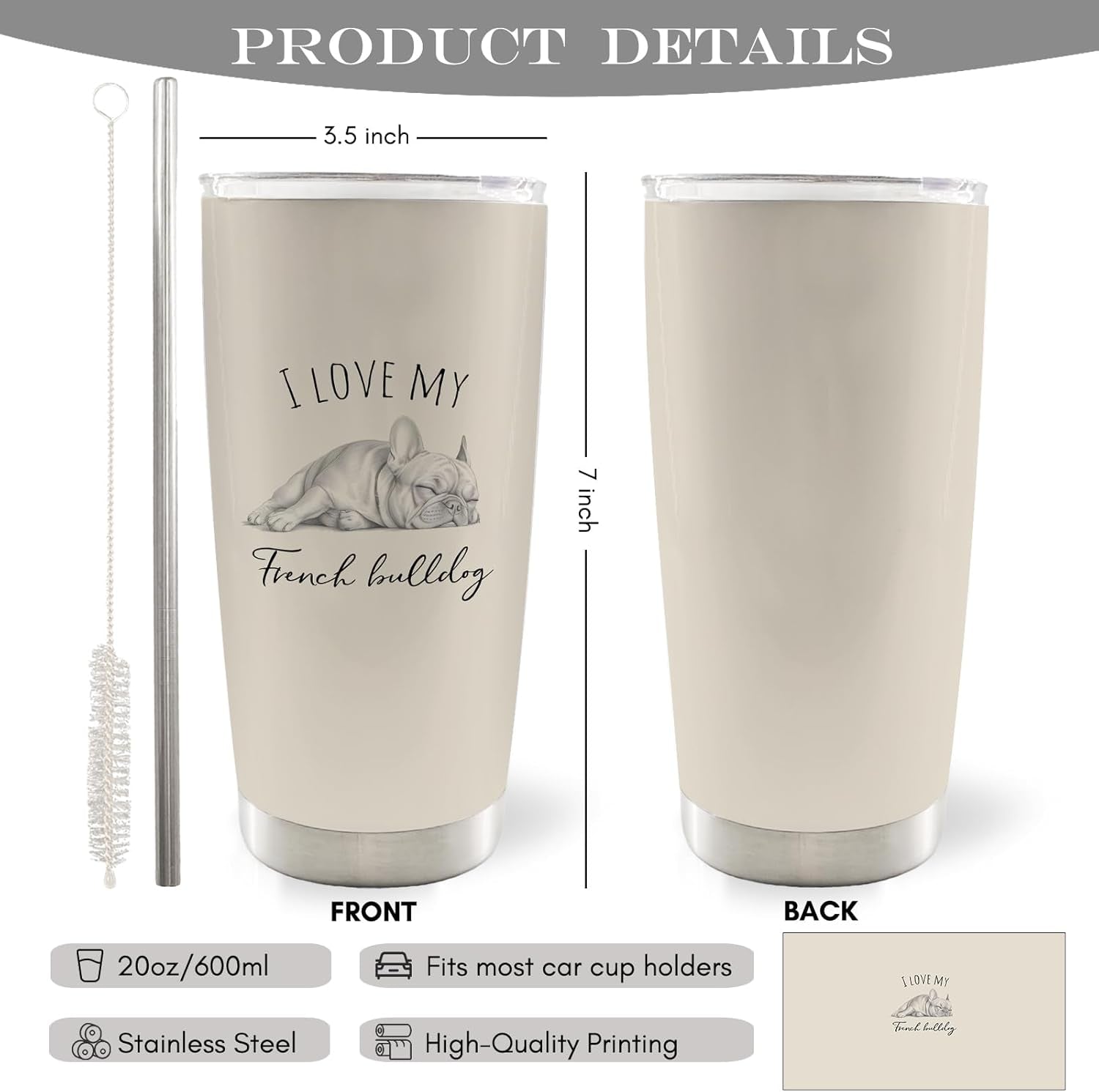 I Love My French Bulldog Dog Mom 20Oz Travel Coffee Mug Tumbler, French Bulldog Frenchie Dog Gifts for Women Men Dogs Lovers, Frenchie Water Stainless Steel Tumbler with Lid and Straw Mug
