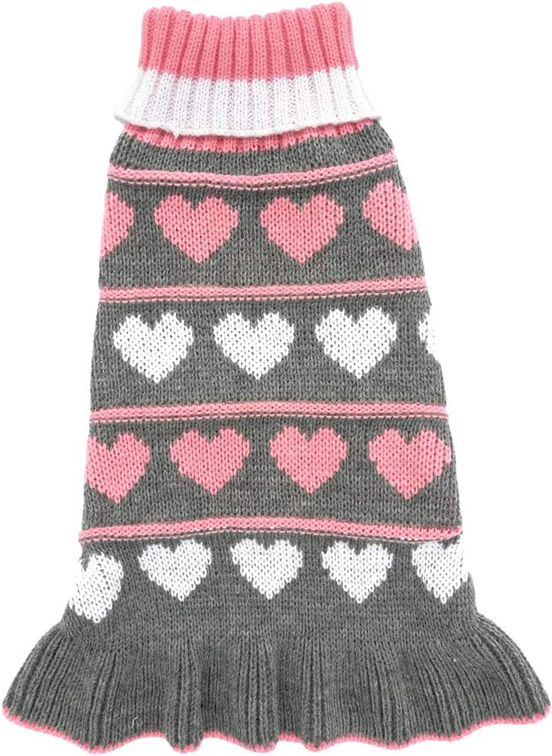 Pet Dog Long Sweaters Dress Knitwear Turtleneck Pullover Warm Winter Puppy Sweater Long Dresses (Grey Heart, Small)