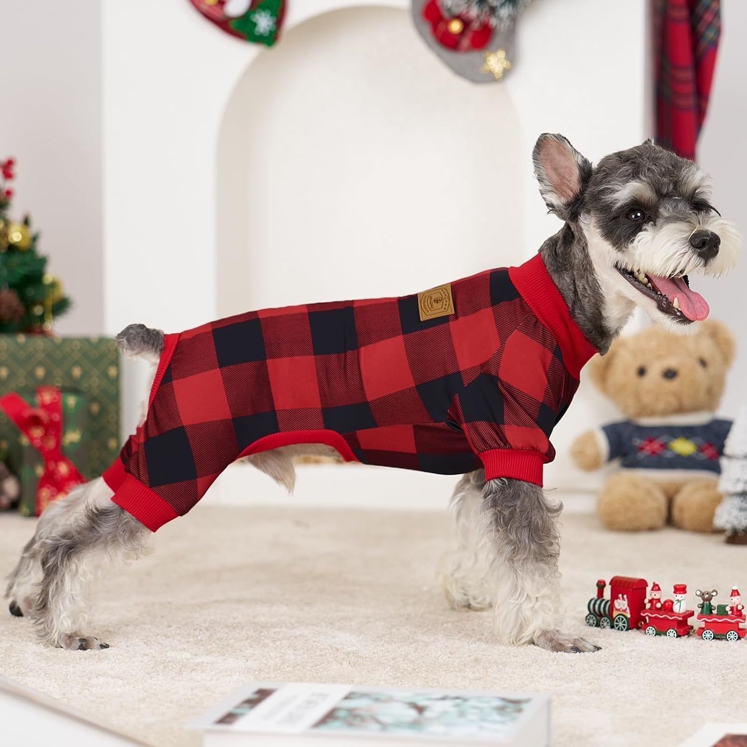 4 Pack Dog Pajamas for Small Dogs Cats Plaid Doggie Clothes Puppy Onesies Christmas Pajamas Jumpsuits Pet Pjs Shirt Apparel Medium, Red Green Beige Grey