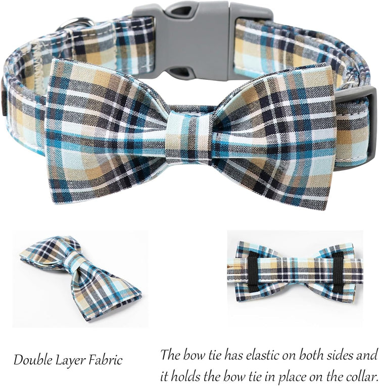 Dog and Cat Collar with Bowtie Grid Collar Plastic Buckle Light Adjustable Collars for Small Medium Large Dogs