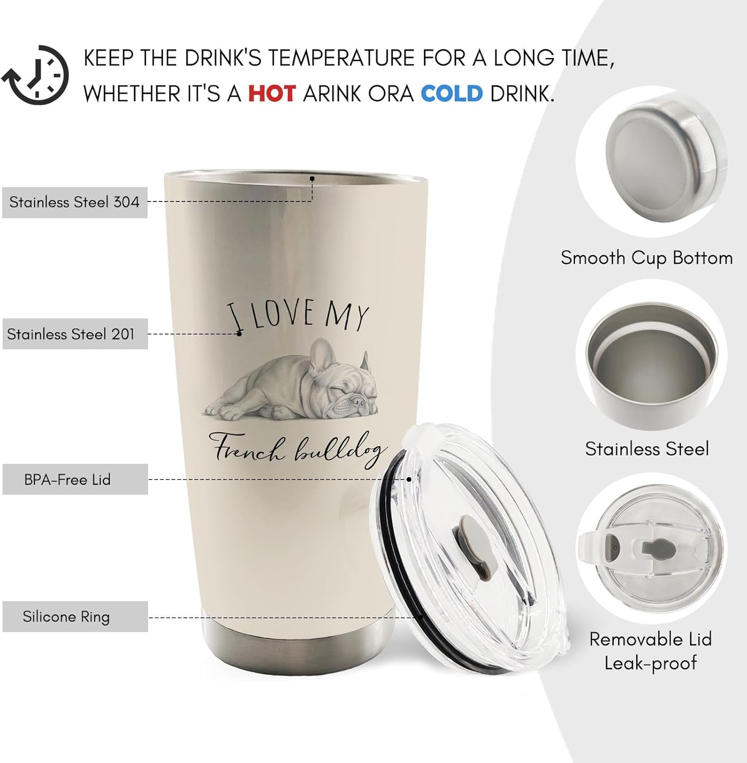 I Love My French Bulldog Dog Mom 20Oz Travel Coffee Mug Tumbler, French Bulldog Frenchie Dog Gifts for Women Men Dogs Lovers, Frenchie Water Stainless Steel Tumbler with Lid and Straw Mug