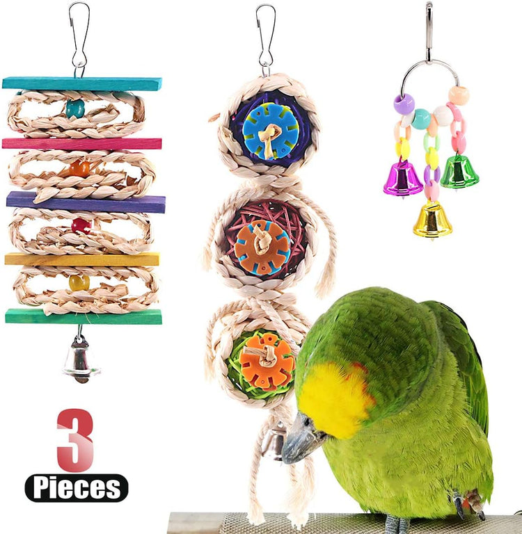 Bird Toys Set, 3-Pack – Bells, Rattan Balls & String for Parrots, Parakeets & Small Birds