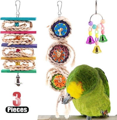 Bird Toys Set, 3-Pack – Bells, Rattan Balls & String for Parrots, Parakeets & Small Birds