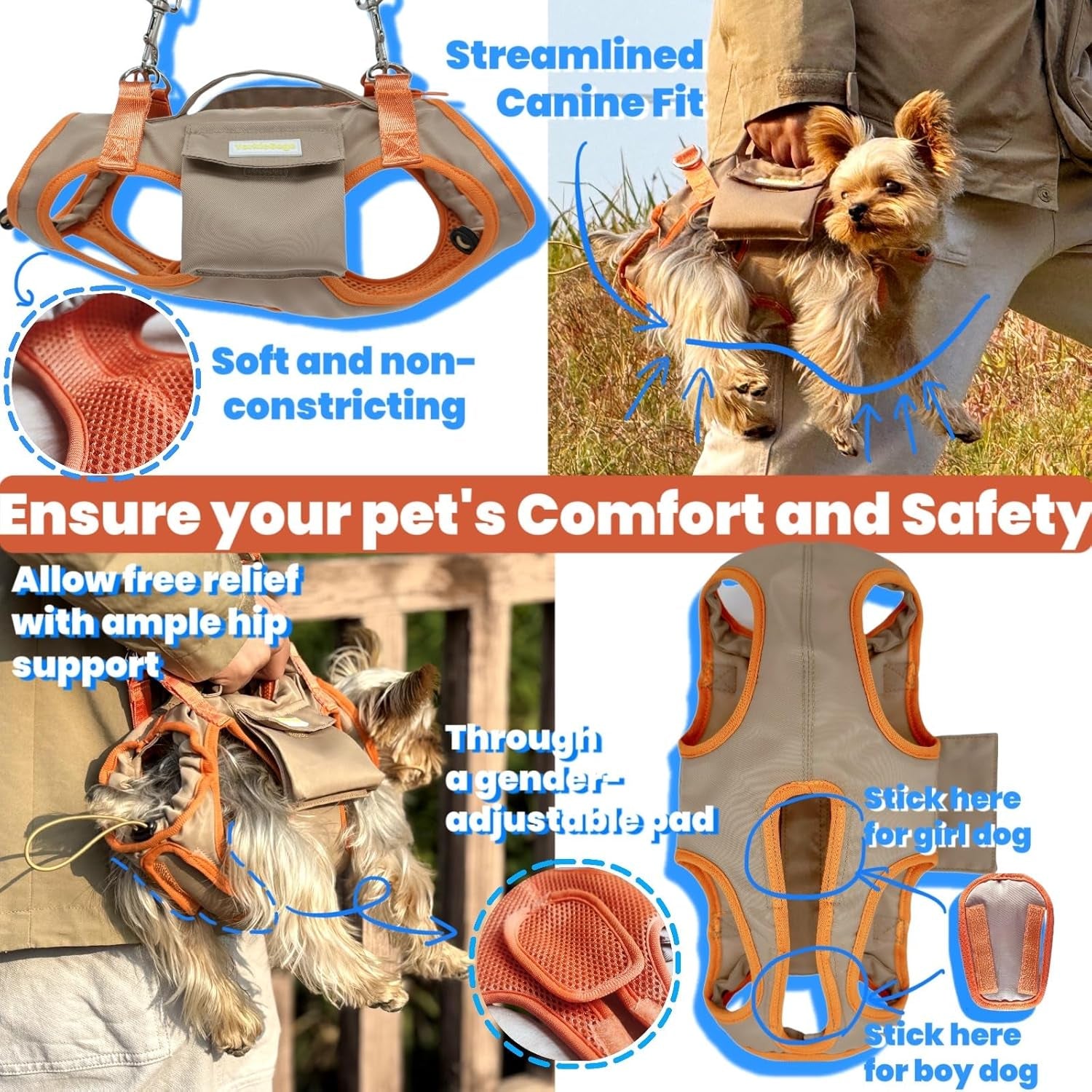 Pet Carrier Sling & Backpack, Full Body Lift Harness, Help Em up Harness for Small Dogs and Cats (Khaki, XS)