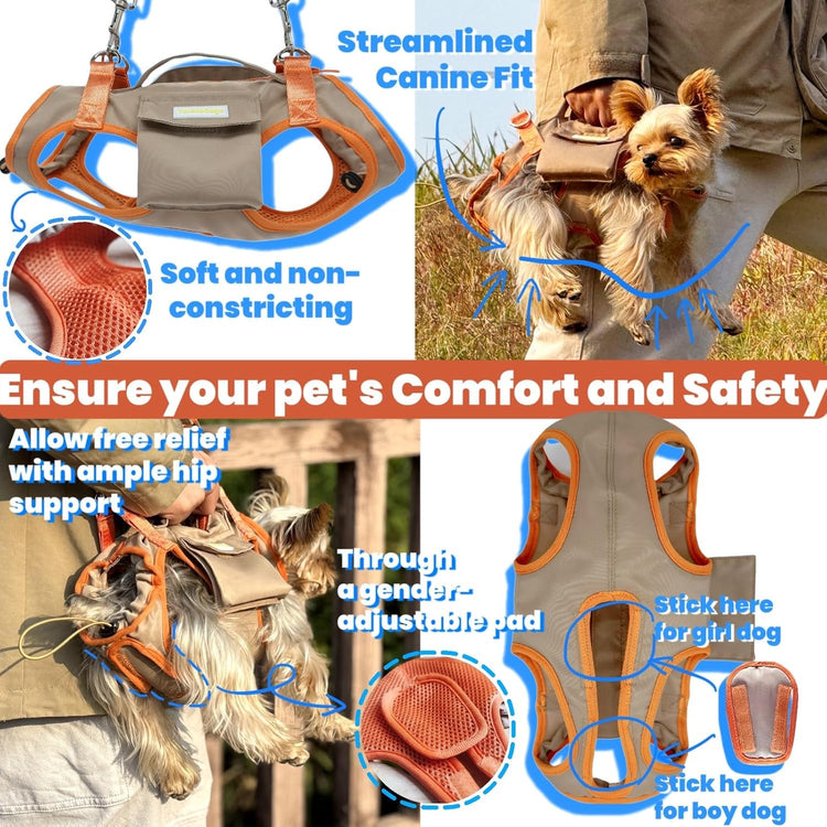 Pet Carrier Sling & Backpack, Full Body Lift Harness, Help Em up Harness for Small Dogs and Cats (Khaki, XS)