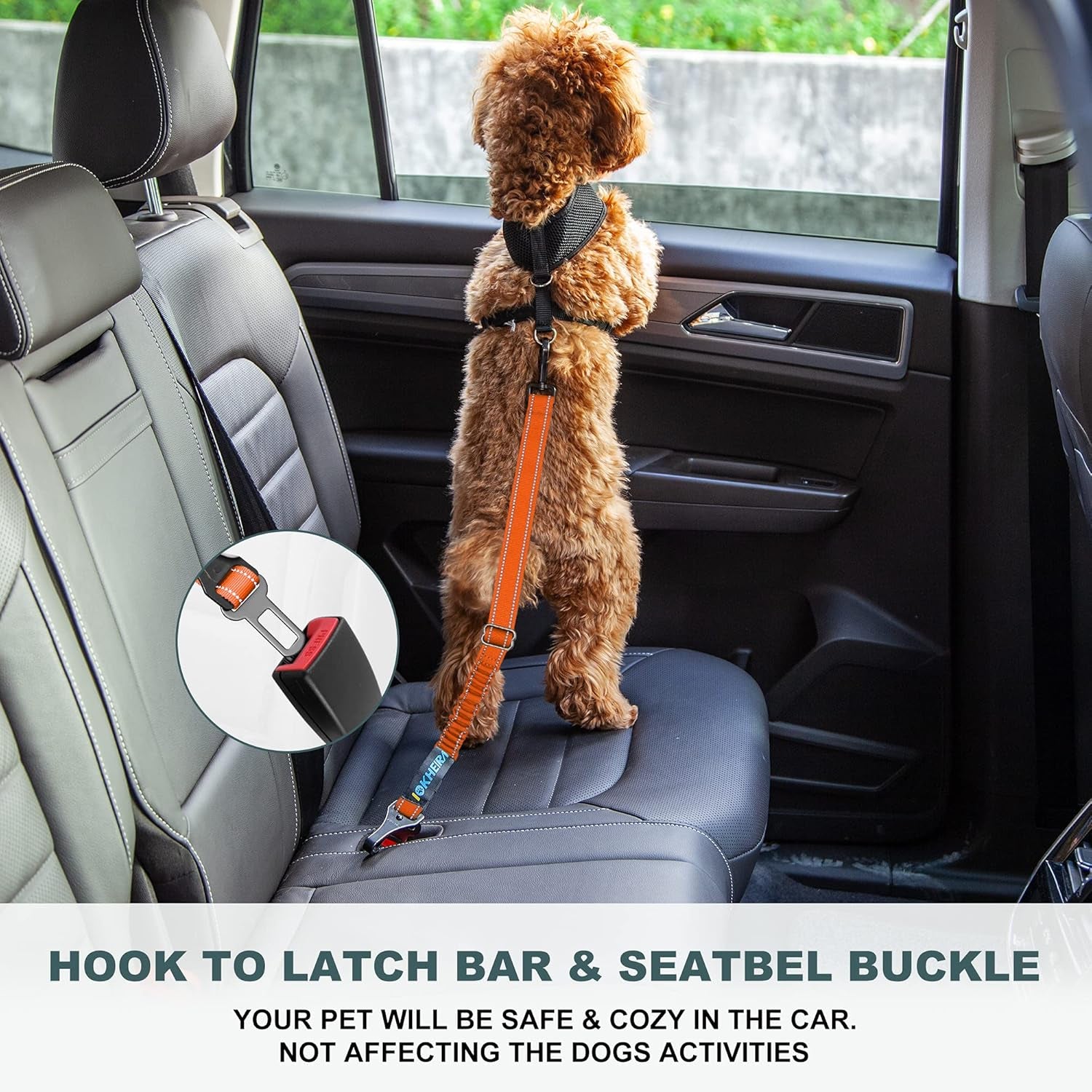 Dog Seat Belt 3-In-1 Car Harness for Dogs Adjustable Safety Seatbelt for Car Durable Nylon Reflective Bungee Fabric Tether with Clip Hook Latch & Buckle, Swivel Zinc Alloy Carabiner