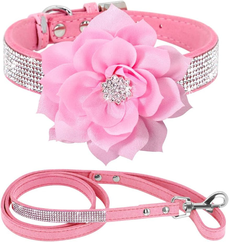 Rhinestone Dog Collar and Leash Set, Sparkling Girl Dog Collars with Bling Diamonds, Soft Suede Leather Pink Pet Collar with Cute Flower for Small Puppy Dogs Walking Party Wedding,S