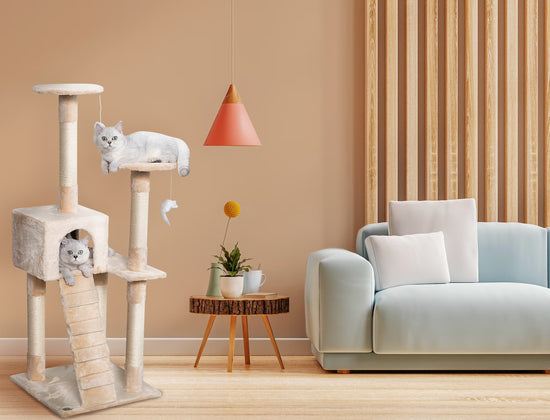 Classic Cat Tree, Faux Fur Finish, Sisal Rope Scratcher, 62"H, Beige