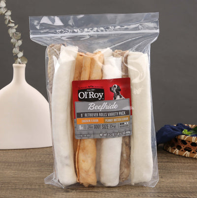 Ol' Roy Rawhide Dog Chews – 9" Multi-Flavor Retrievers, 8 Count, 21.2 oz Bag