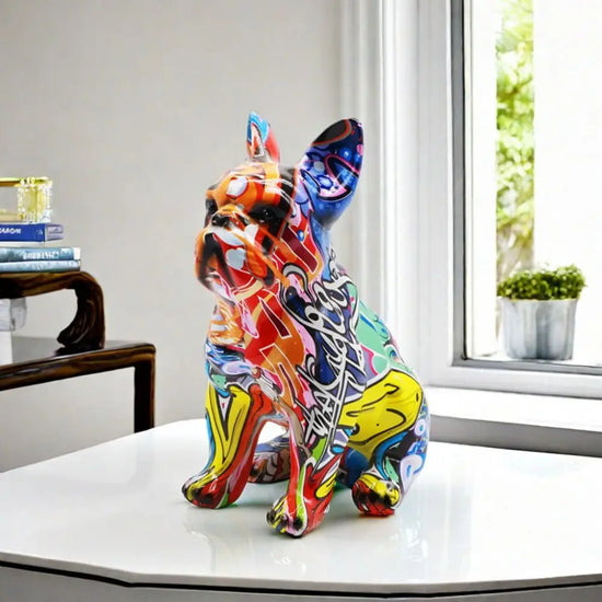 Kawaii Graffiti French Bulldog Statue Mini Cartoon Colorful Dog Statue Handmade Romance Painted Bulldog Statue Garden