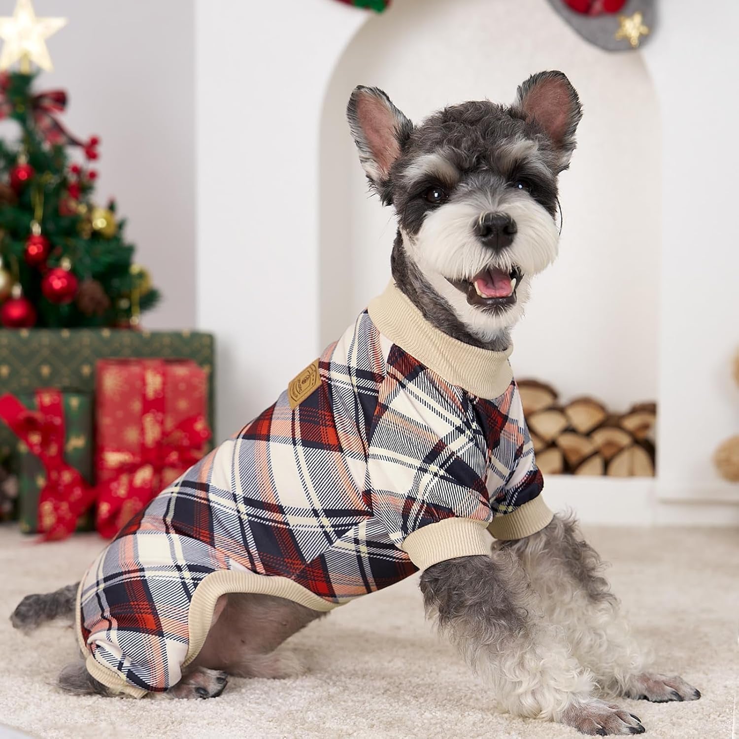 4 Pack Dog Pajamas for Small Dogs Cats Plaid Doggie Clothes Puppy Onesies Christmas Pajamas Jumpsuits Pet Pjs Shirt Apparel Medium, Red Green Beige Grey