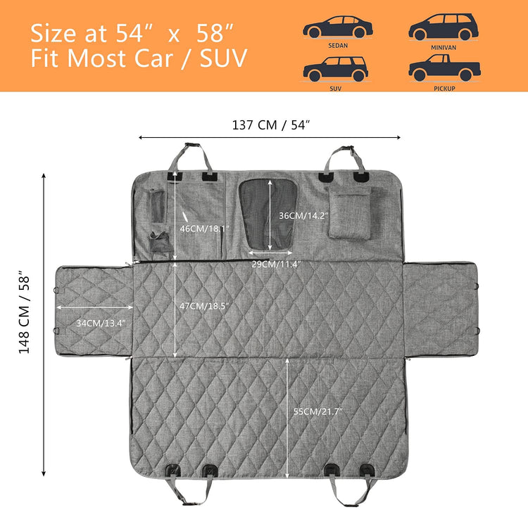 Car Dog Cover Back Seat - Waterproof Hammock with Mesh Window Multiple Pockets for Car/Truck/Suv Nonslip Rubber Back Washable