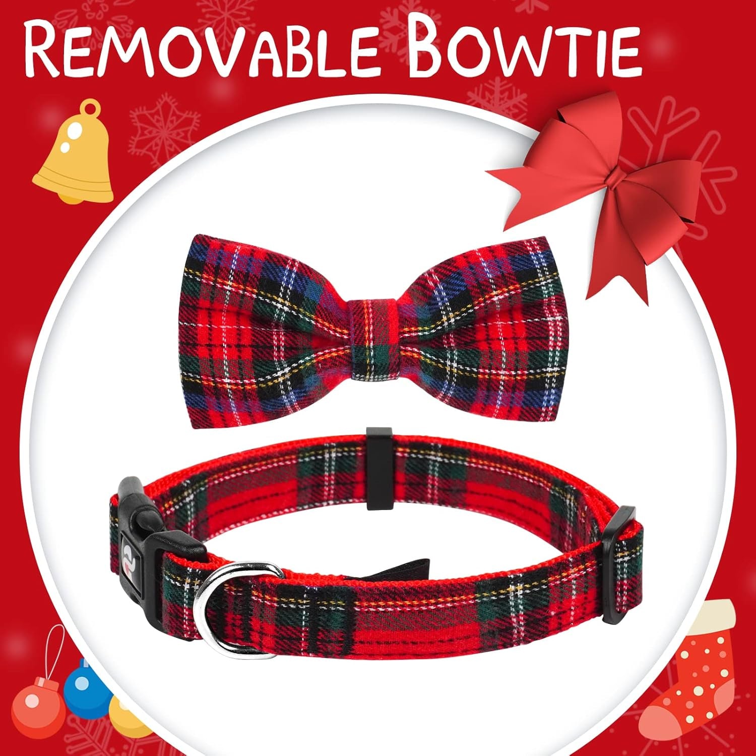Christmas Buffalo Dog Collar and Leash Set, Classic Plaid Collar with Removable Bowtie and Matching Leash for Medium Dogs