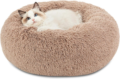 Calming Plush Cat Bed – Small 20” Round Washable Pet Bed with Anti-Slip, Camel Color