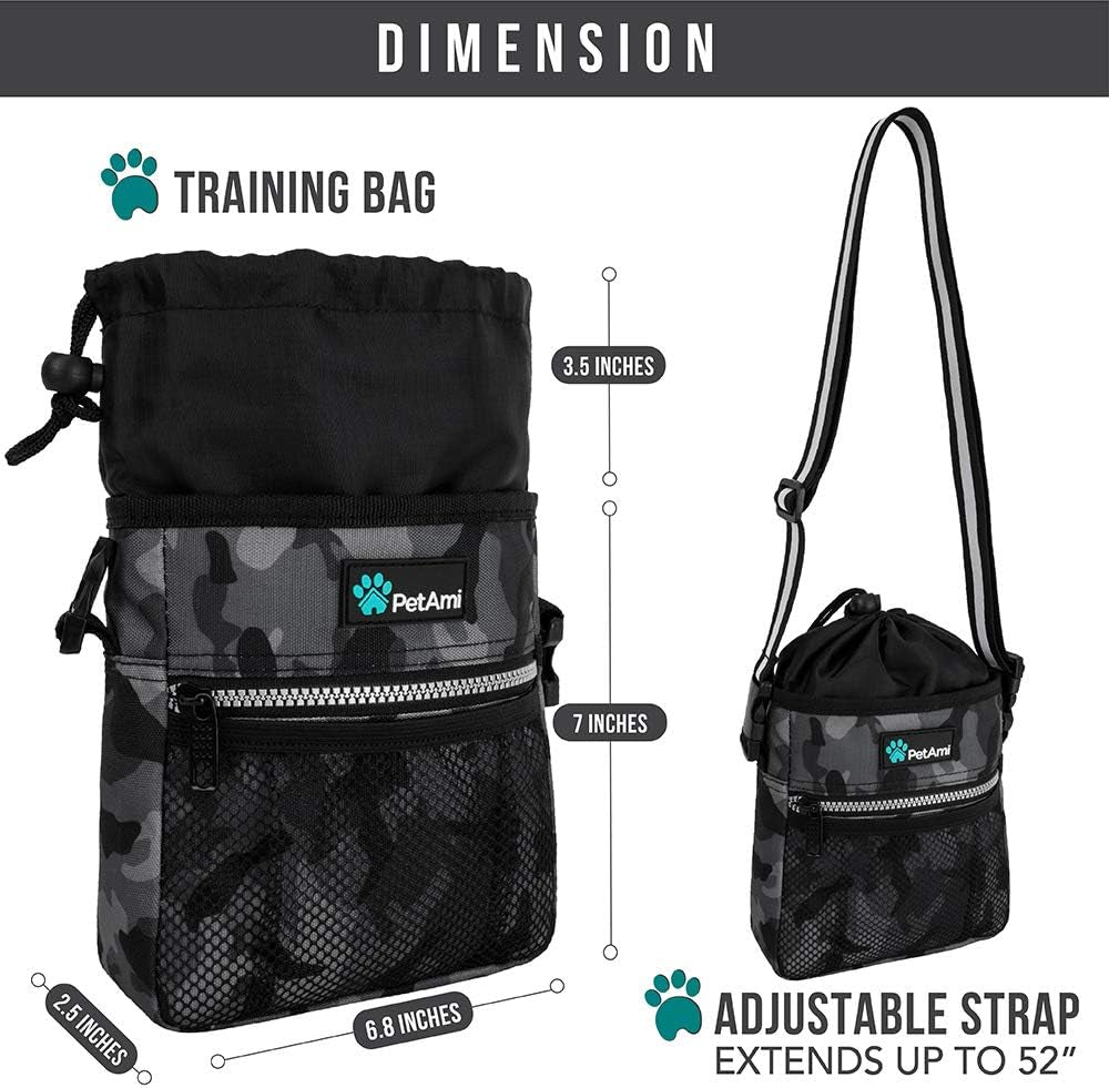 Dog Treat Bag for Training – Camo Black Pouch with Poop Bag Dispenser, 3-Way Wear