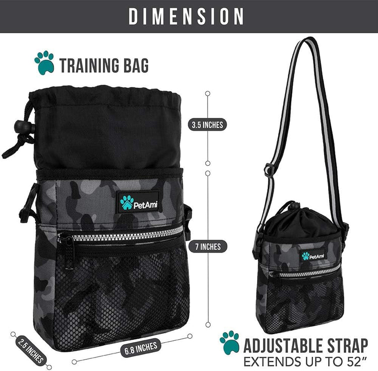 Dog Treat Bag for Training – Camo Black Pouch with Poop Bag Dispenser, 3-Way Wear