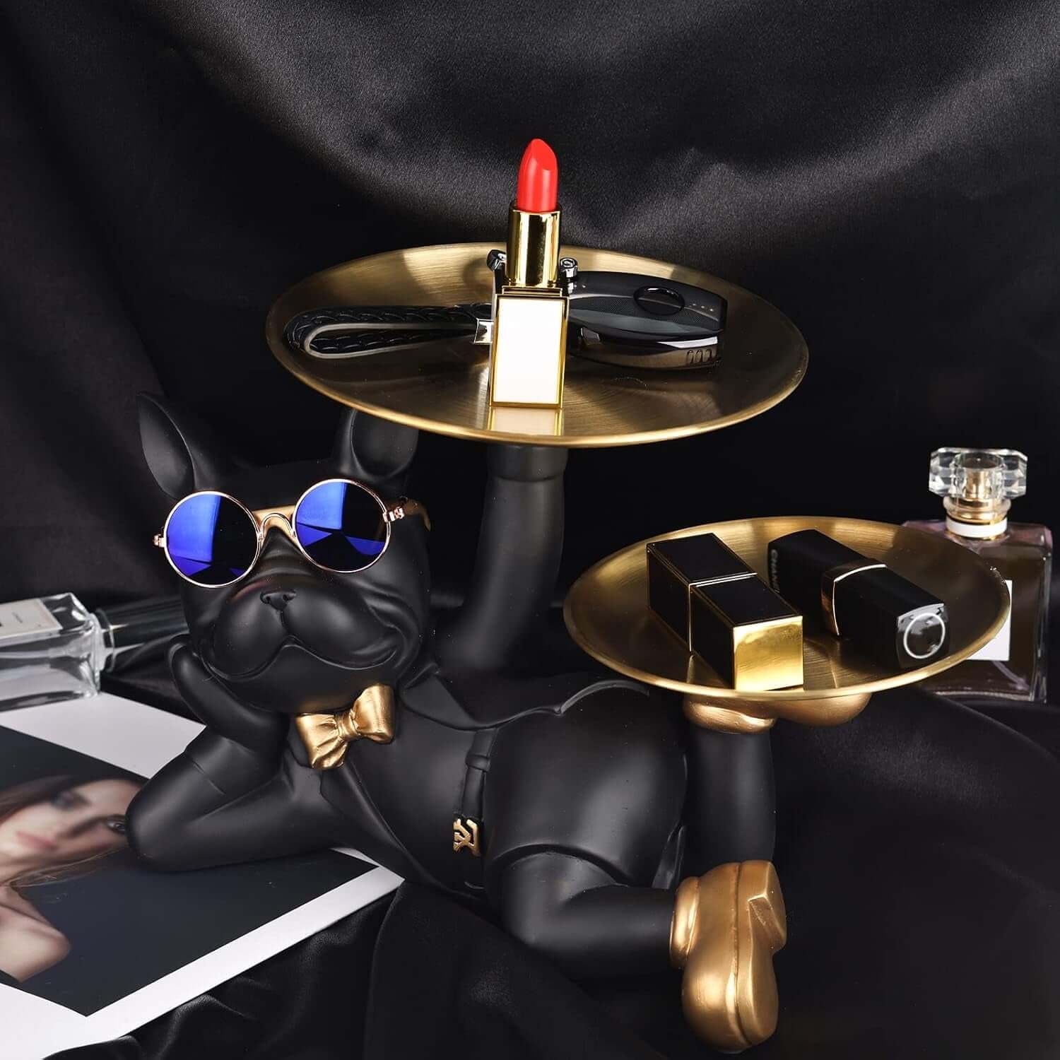 Bulldog Tray Statue - Bulldog Butler with Storage Tray for Entryway Key Holder, Ring Holder, Living Room Coffee Table Candy Dish, Modern Home Office Desktop Decor (Black)