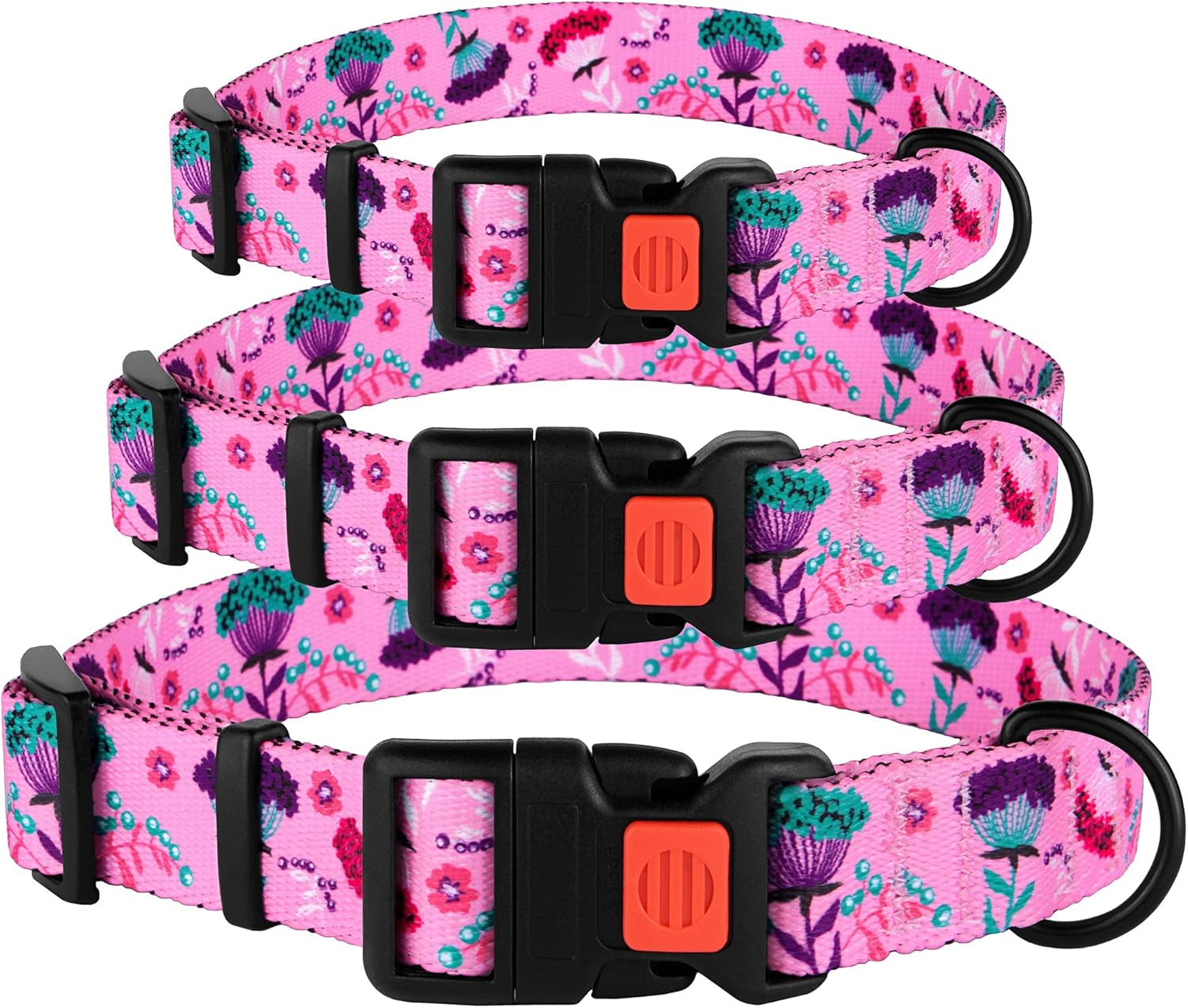 Nylon Dog Collar with Pink Floral Pattern – Adjustable 14-18 Inch