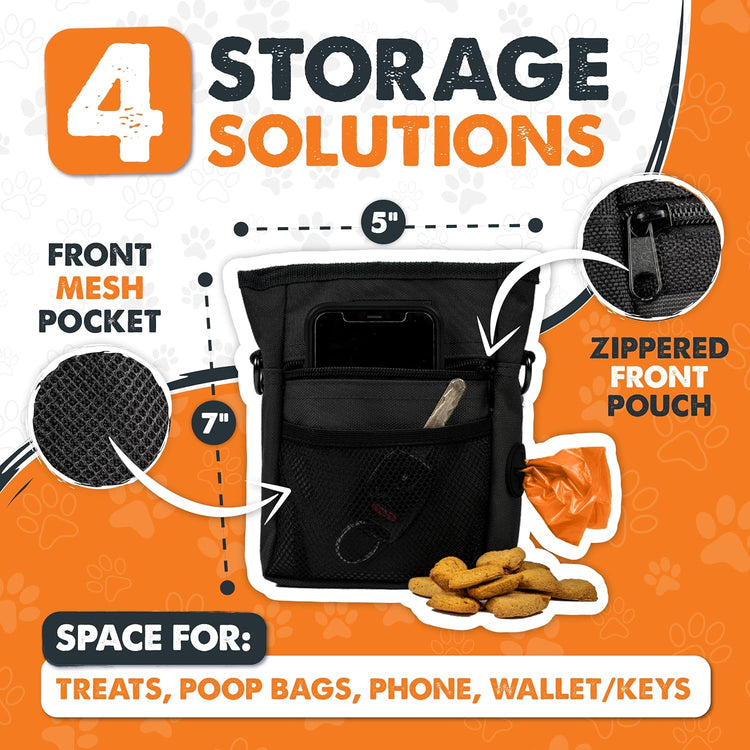Dog Treat Training Pouch – No-Spill Magnetic Closure, Hands-Free with Built-in Poop Bag Holder, Black