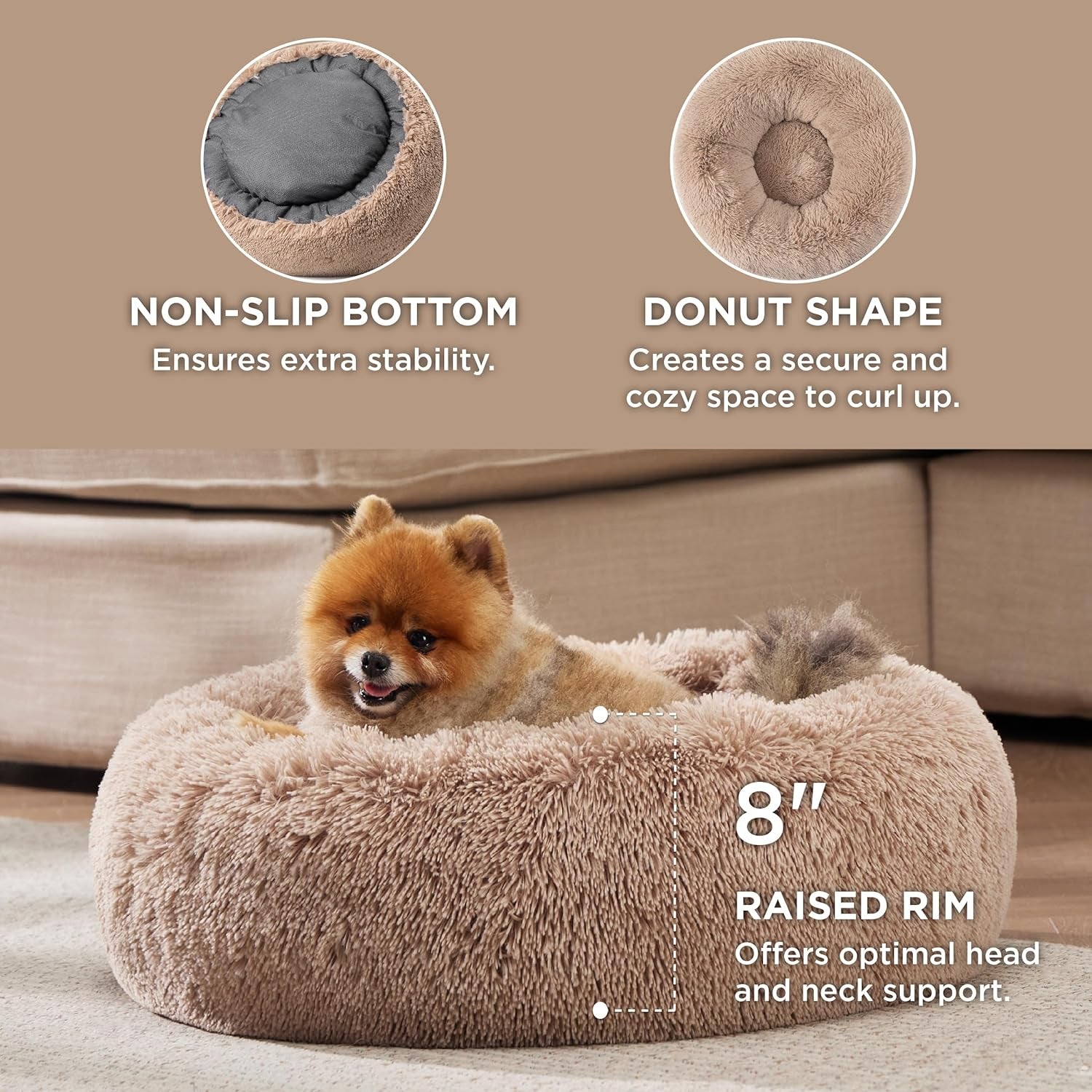 Calming Plush Cat Bed – Small 20” Round Washable Pet Bed with Anti-Slip, Camel Color