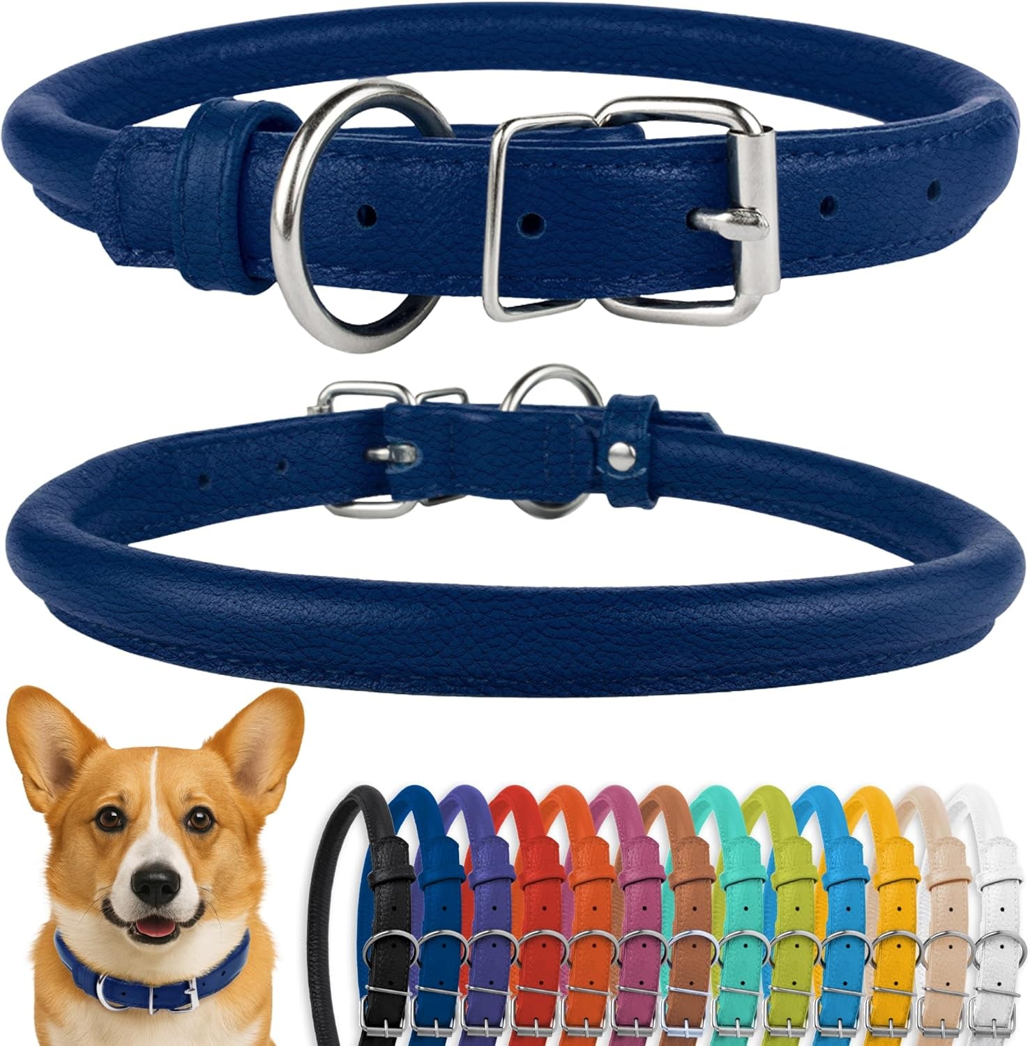 Rolled Leather Dog Collar, Soft Padded round Puppy Collar, Handmade Genuine Leather Collar Dog Small Large Cat Collars 13 Colors (13-16 Inch, Deep Blue Textured)