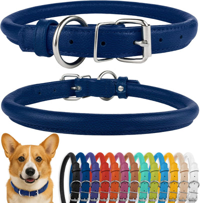 Rolled Leather Dog Collar, Soft Padded round Puppy Collar, Handmade Genuine Leather Collar Dog Small Large Cat Collars 13 Colors (13-16 Inch, Deep Blue Textured)