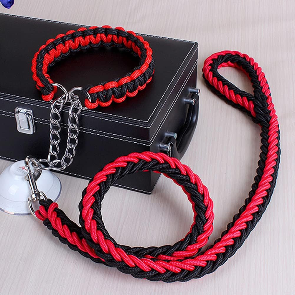 Dog Collar and Leash Set, Heavy Duty Nylon Braided Rope Strong 47 FT Dog Leash and Martingale Training Collar for Small Medium Large Dogs Training and Walking (Red & Black)