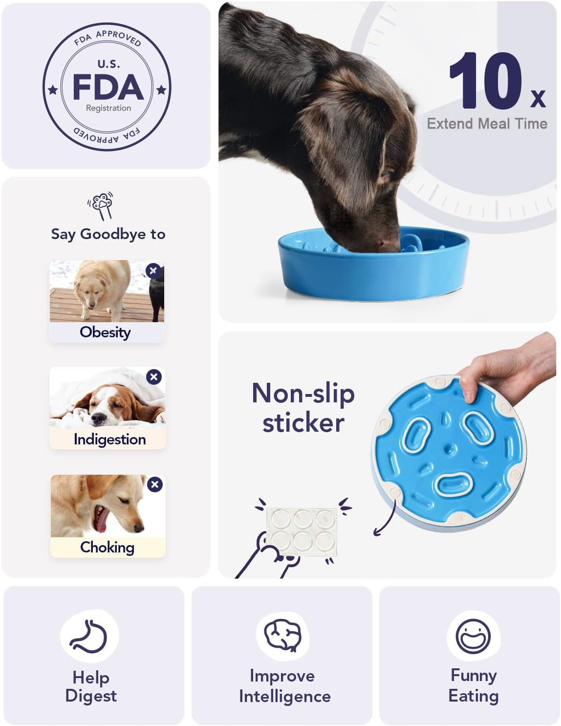 Ceramic Slow Feeder Dog Bowl – 1.5 Cup, Puzzle Design (Vortex Blue)