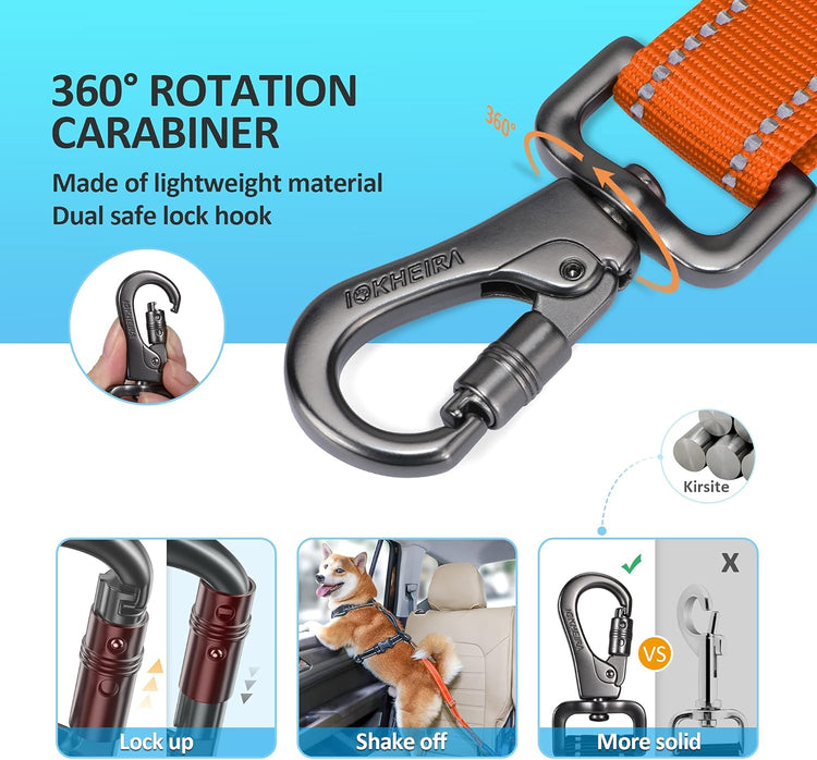 Dog Seat Belt 3-In-1 Car Harness for Dogs Adjustable Safety Seatbelt for Car Durable Nylon Reflective Bungee Fabric Tether with Clip Hook Latch & Buckle, Swivel Zinc Alloy Carabiner