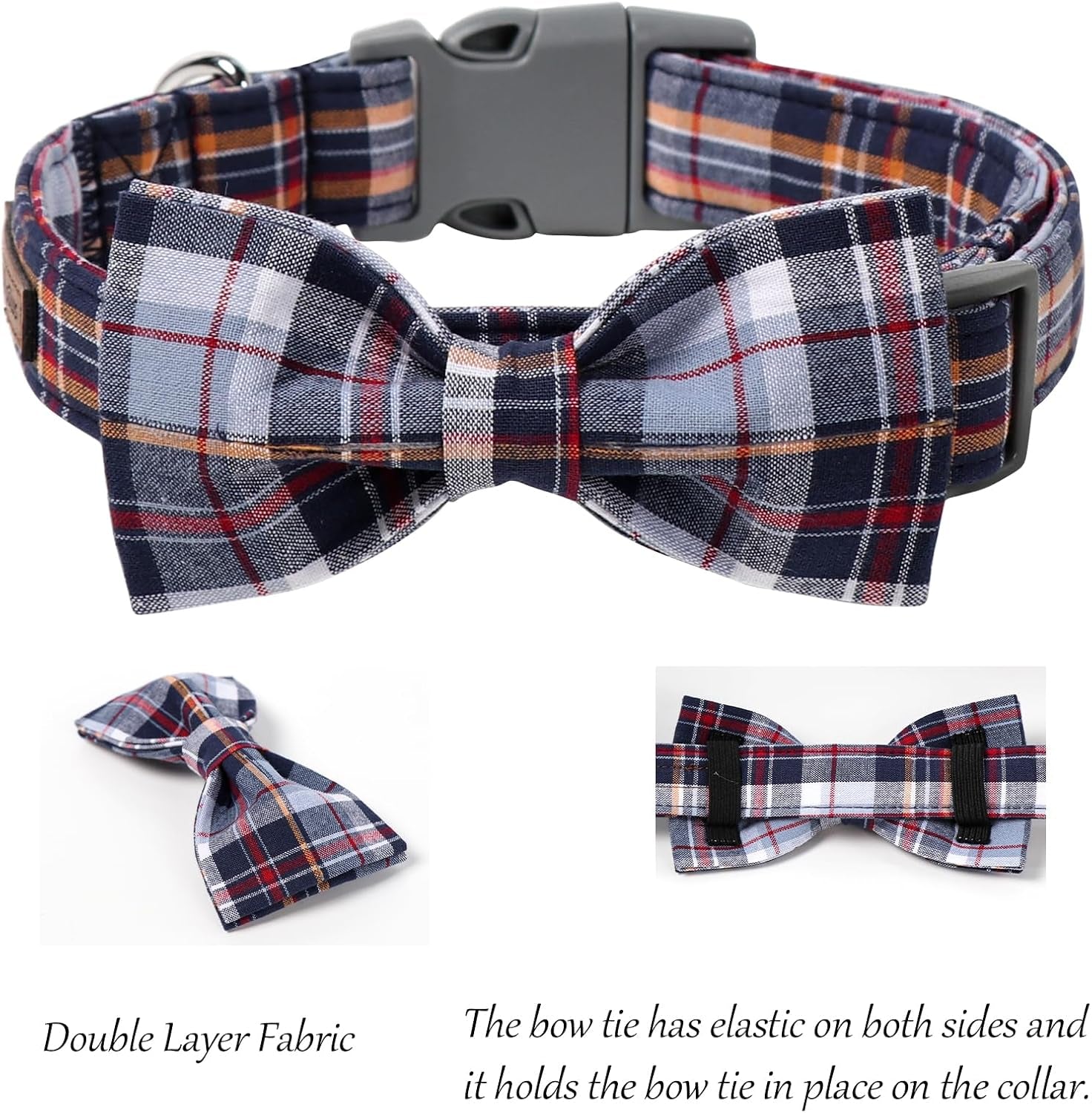 Adjustable Dog & Cat Collar with Bowtie – Grid Pattern, Plastic Buckle, Fits Small to Large Pets