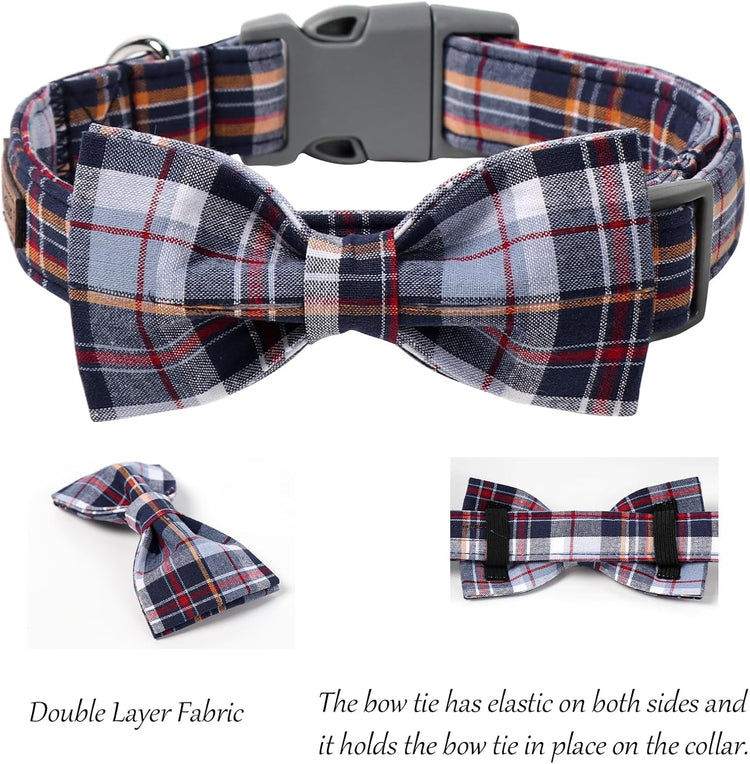 Adjustable Dog & Cat Collar with Bowtie – Grid Pattern, Plastic Buckle, Fits Small to Large Pets