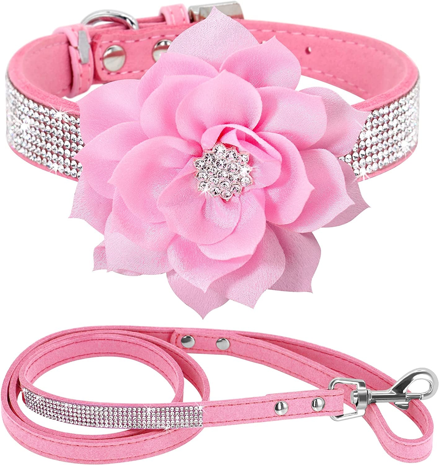 Rhinestone Dog Collar and Leash Set, Sparkling Girl Dog Collars with Bling Diamonds, Soft Suede Leather Pink Pet Collar with Cute Flower for Small Puppy Dogs Walking Party Wedding,S