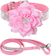 Rhinestone Dog Collar and Leash Set, Sparkling Girl Dog Collars with Bling Diamonds, Soft Suede Leather Pink Pet Collar with Cute Flower for Small Puppy Dogs Walking Party Wedding,S
