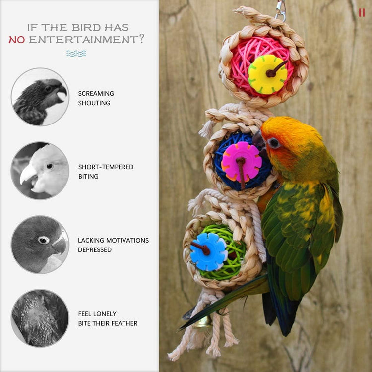 Bird Toys Set, 3-Pack – Bells, Rattan Balls & String for Parrots, Parakeets & Small Birds