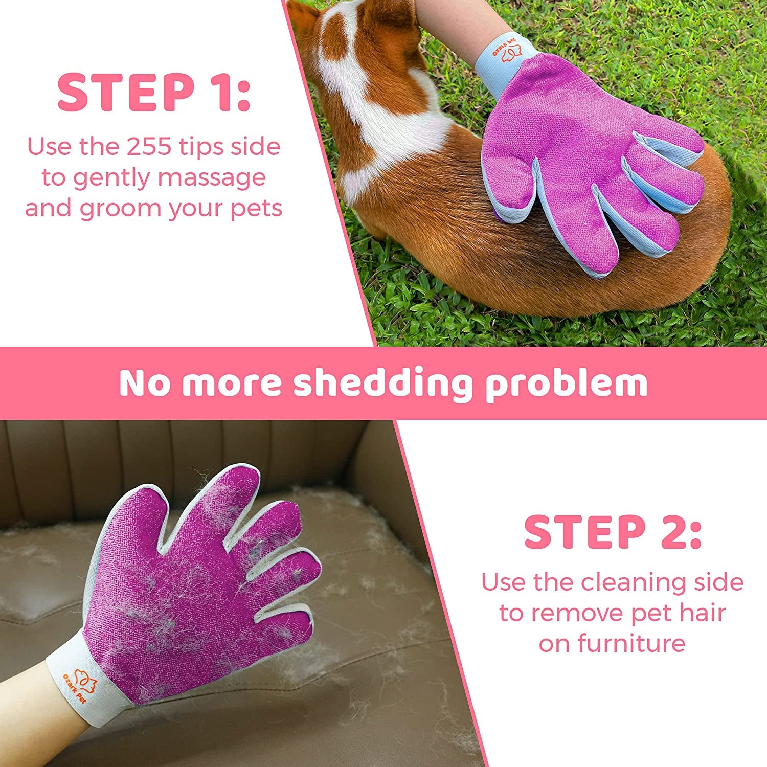 Dog & Cat Shedding Brush – Dematting Tool and Glove, Reduces Shedding up to 95%, Pink