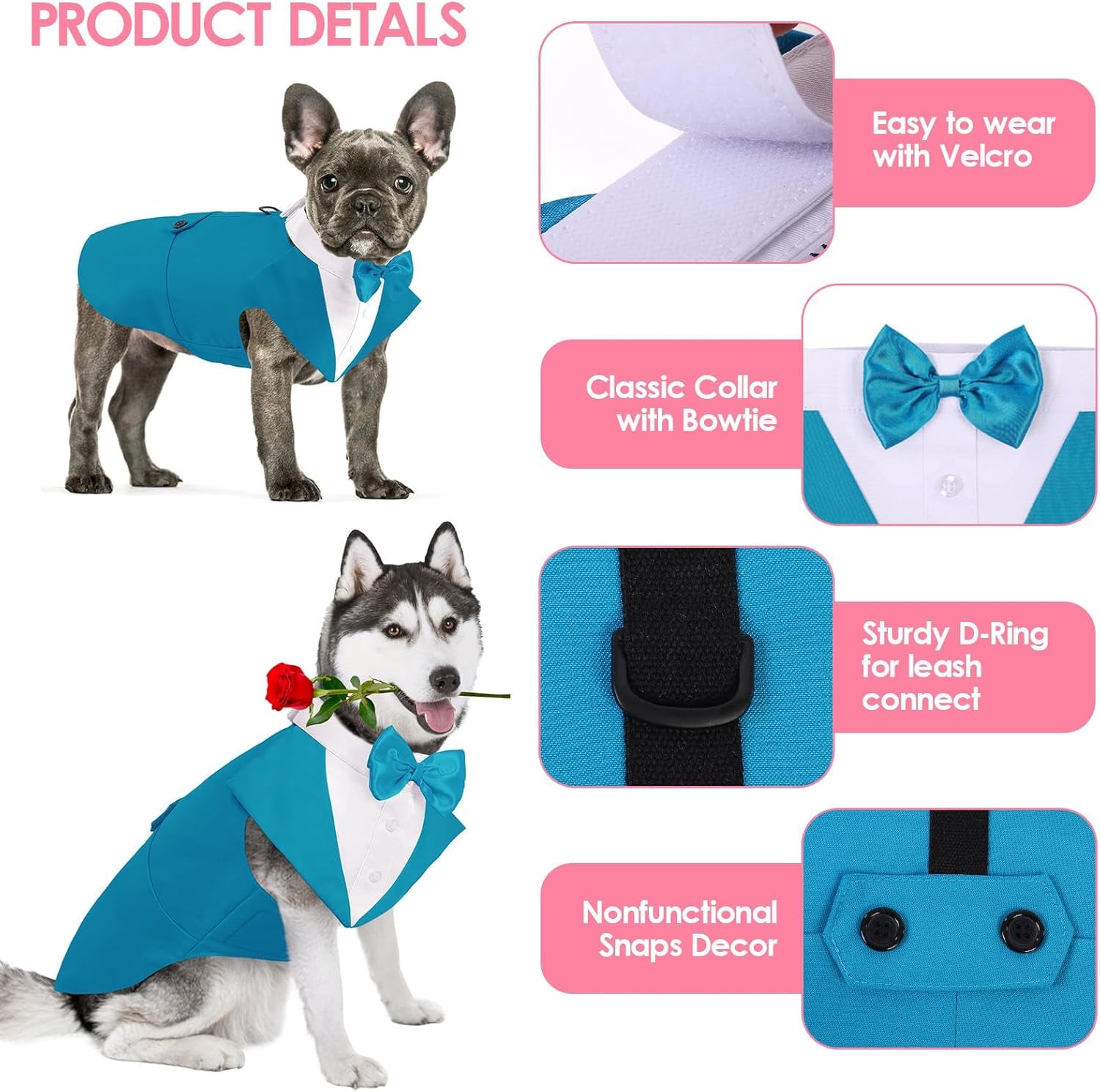 Dog Tuxedo for Large Dogs, Formal Dog Suit and Tie, Gentle Dogs Wedding Party Suit Bow Tie Shirt, Pet Wedding Outfit with Detachable Bowtie Collar for Christmas Halloween Dress Up