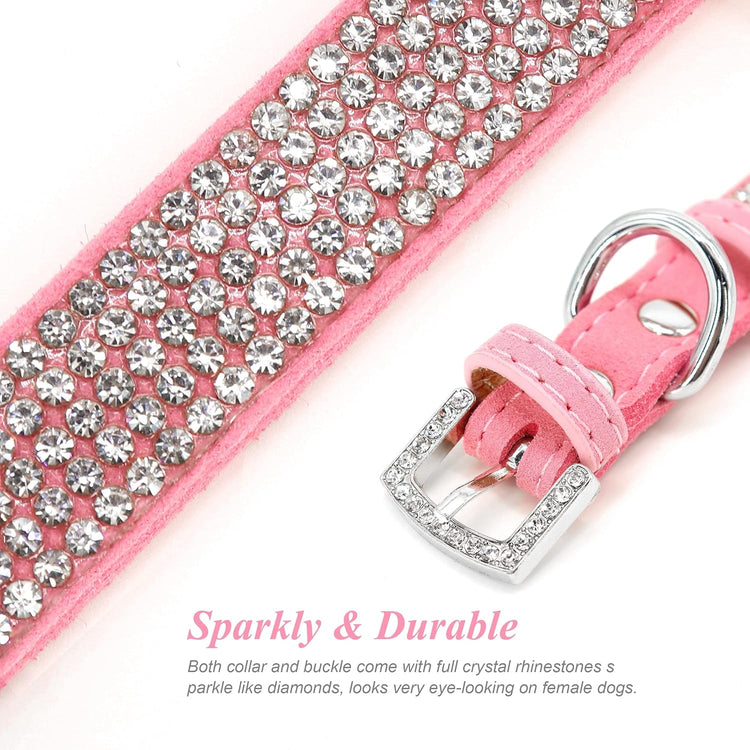 Rhinestone Dog Collar and Leash Set, Sparkling Girl Dog Collars with Bling Diamonds, Soft Suede Leather Pink Pet Collar with Cute Flower for Small Puppy Dogs Walking Party Wedding,S