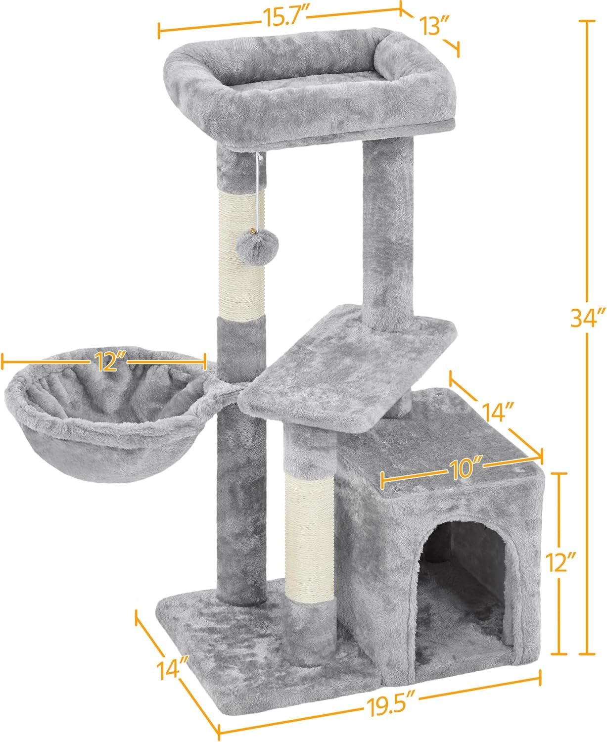 Cat Tree 34In Cat Tower Plush Cover with Condo, Platform & Basket for Indoor Kittens, Cat Furniture Activity Tree