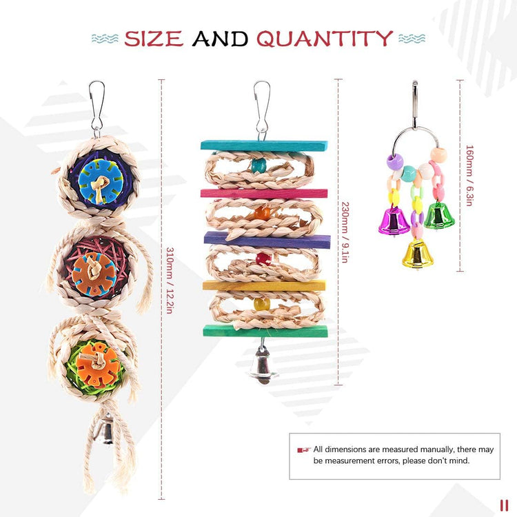 Bird Toys Set, 3-Pack – Bells, Rattan Balls & String for Parrots, Parakeets & Small Birds