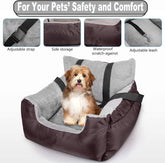 Dog Car Seat with Safety Belt, Washable Booster for Small Dogs, Anti-Slip Travel Bed for Front or Back Seat, Adjustable Buckle, Storage Pockets