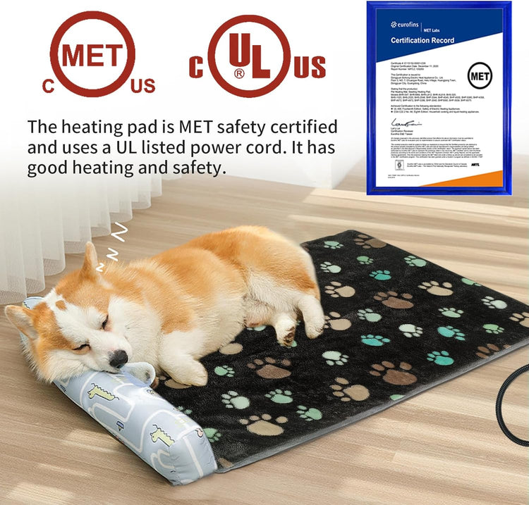 Large Dog Heating Pad 36X24 in with Smart Thermostat Switch and Power Line Protection Tube,Obtained MET and UL Dual Certification,Waterproof Pet Heating Pad for Dogs,With Plush Fabric Cover