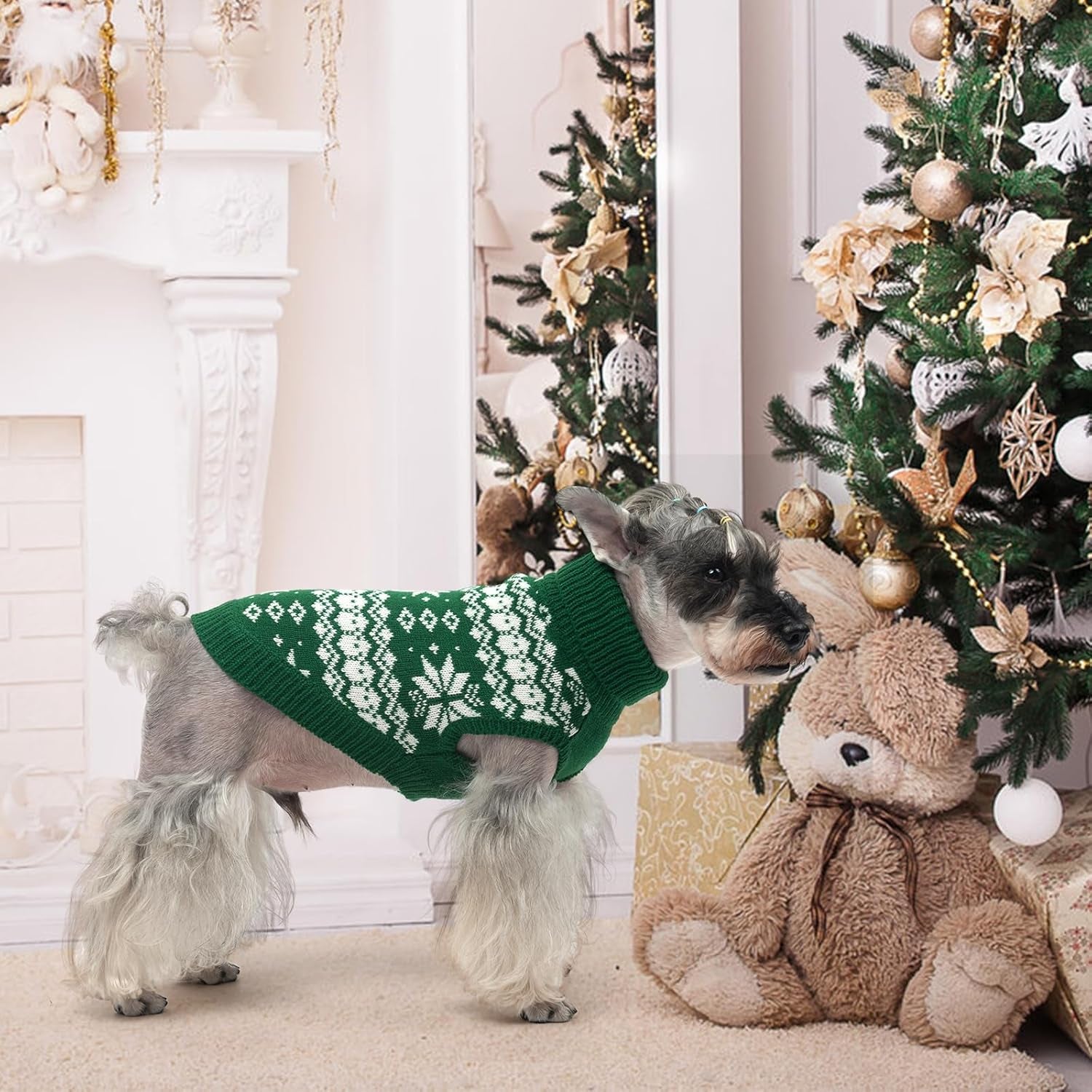 Cable Knit Dog Sweater Turtleneck, Cold Weather Pullover Classic Knitwear, Snowflake Pattern Thick Warm Winter Pet Clothes, Dog Christmas Sweater for Small Medium Large Dogs Cats,Green SM
