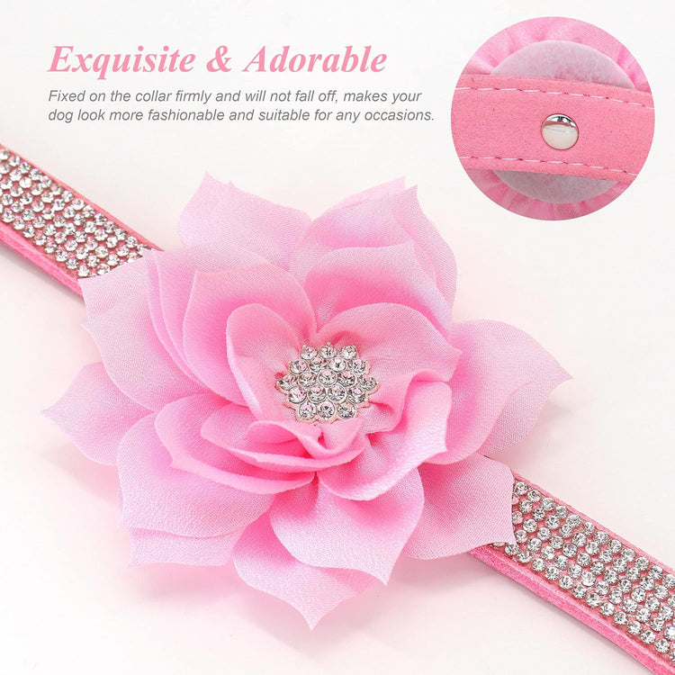 Rhinestone Dog Collar and Leash Set, Sparkling Girl Dog Collars with Bling Diamonds, Soft Suede Leather Pink Pet Collar with Cute Flower for Small Puppy Dogs Walking Party Wedding,S