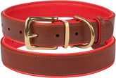 Leather Dog Collar Brass Buckle Soft Padded Puppy Small Medium Large Red Pink Blue Green Purple Yellow (Neck Fit 12"-14", Red)
